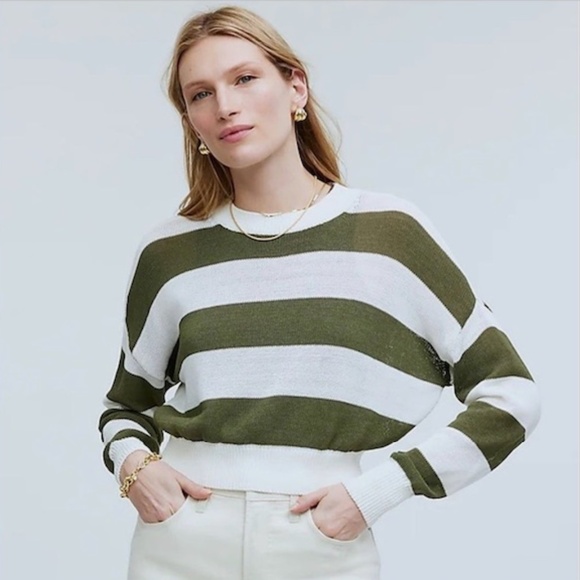 Madewell Loose Knit Crewneck Striped Sweater Ivory/Olive Green Sz Small - Picture 3 of 14